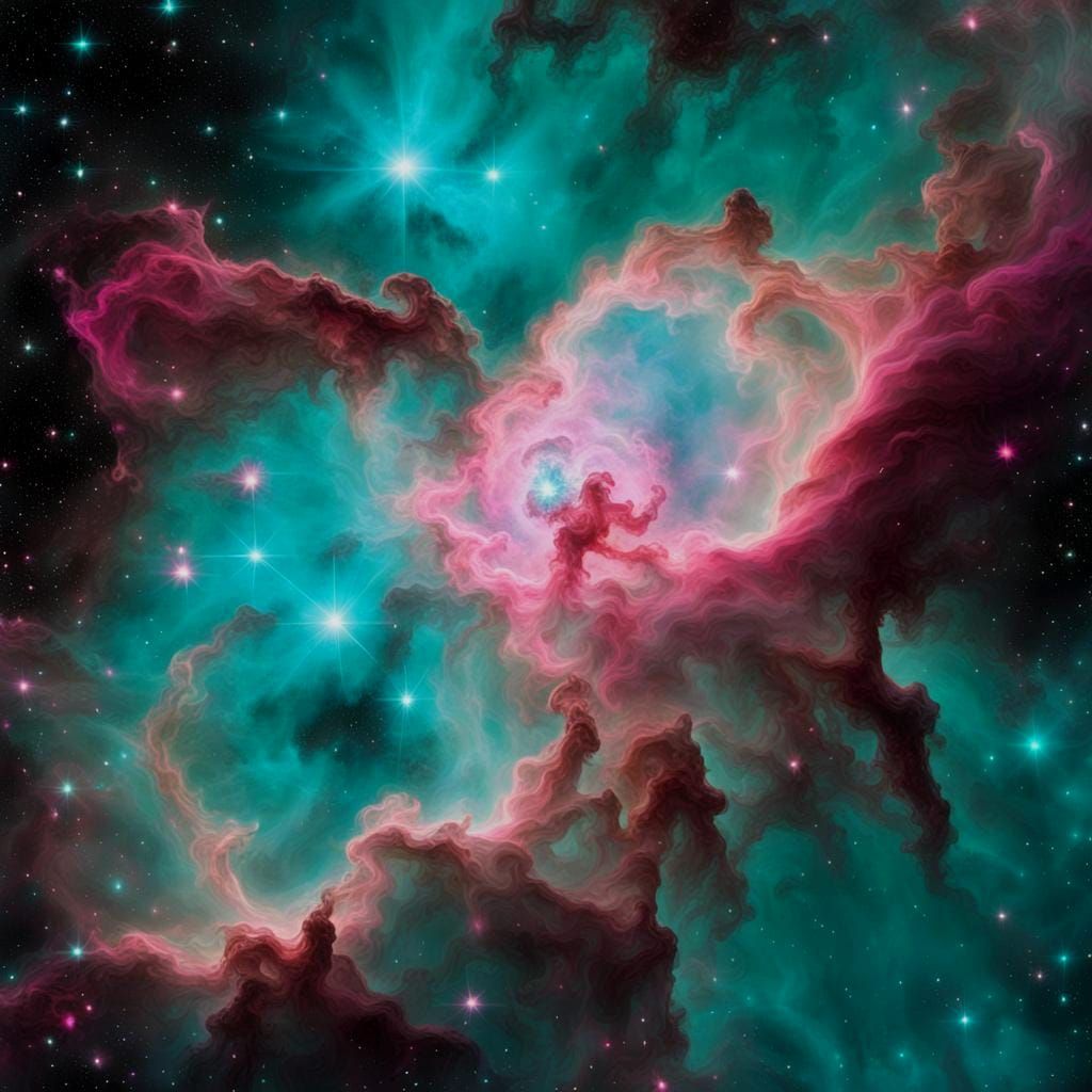 Turquoise and Pink Transparent Nebula in Space