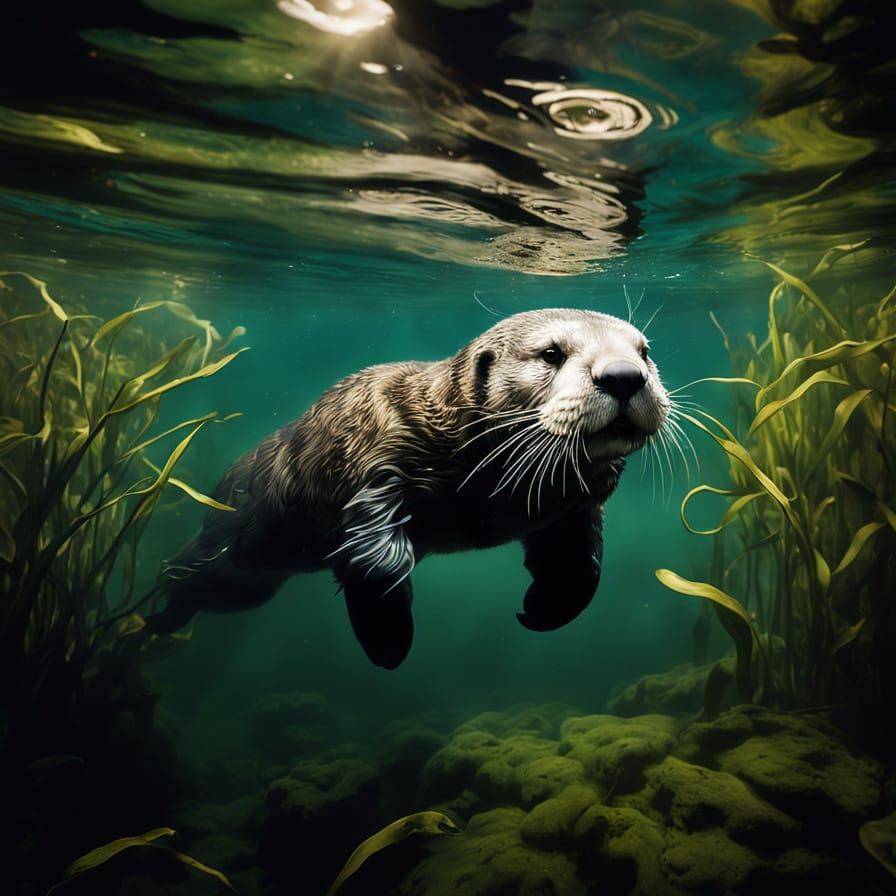 Grey Sea Otter in Majestic Underwater Pose, New Mexico