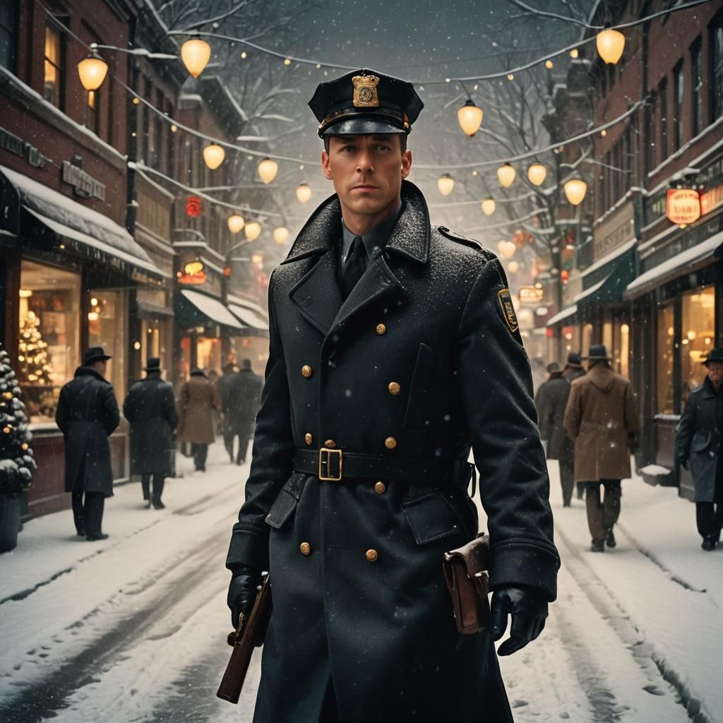 Film Noir Christmas Scene: Snowy Streets and Vintage Decor