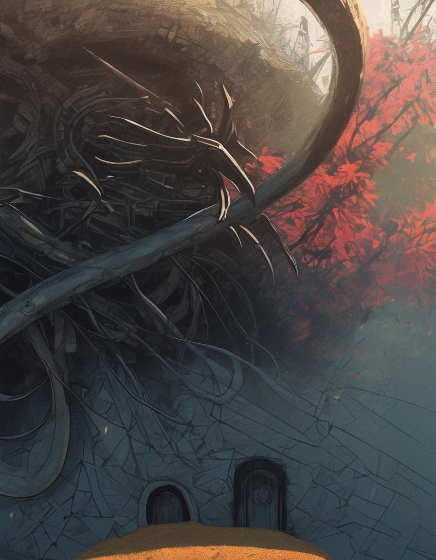 Mystical Wooden Door Wreath in Cyberpunk Style