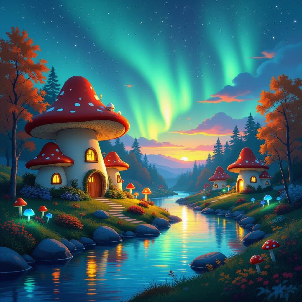 Whimsical Mushroom Village Under Aurora Borealis