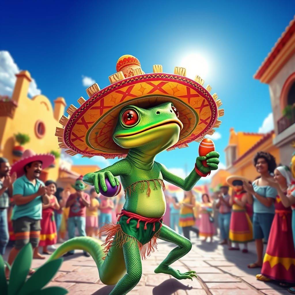 Lively Lizard Dances Samba in Mexican Village Square