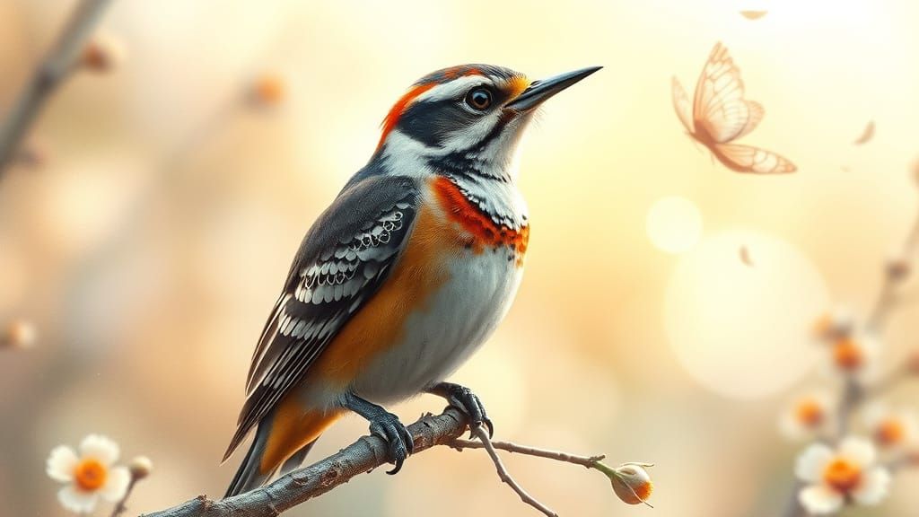 Surreal Woodpecker Robin Hybrid Plays in Enchanted Landscape