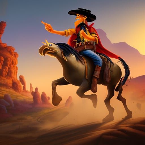 Lucky Luke Rides a Chicken in Detailed Painting