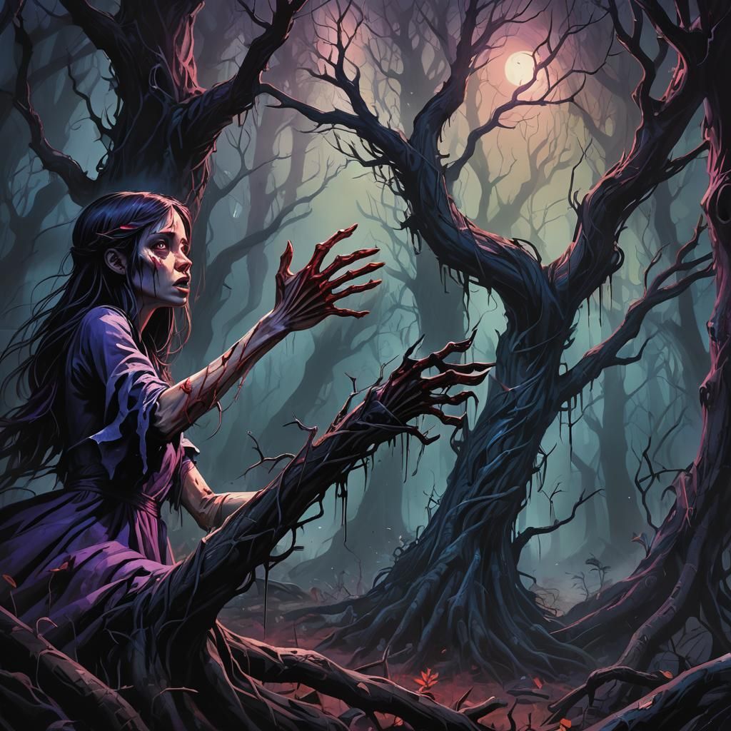 Bloody Arm Reaching for Girl in Mystical Forest
