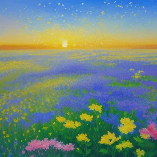 Impressionist Flowers Bloom Under Blue Skies