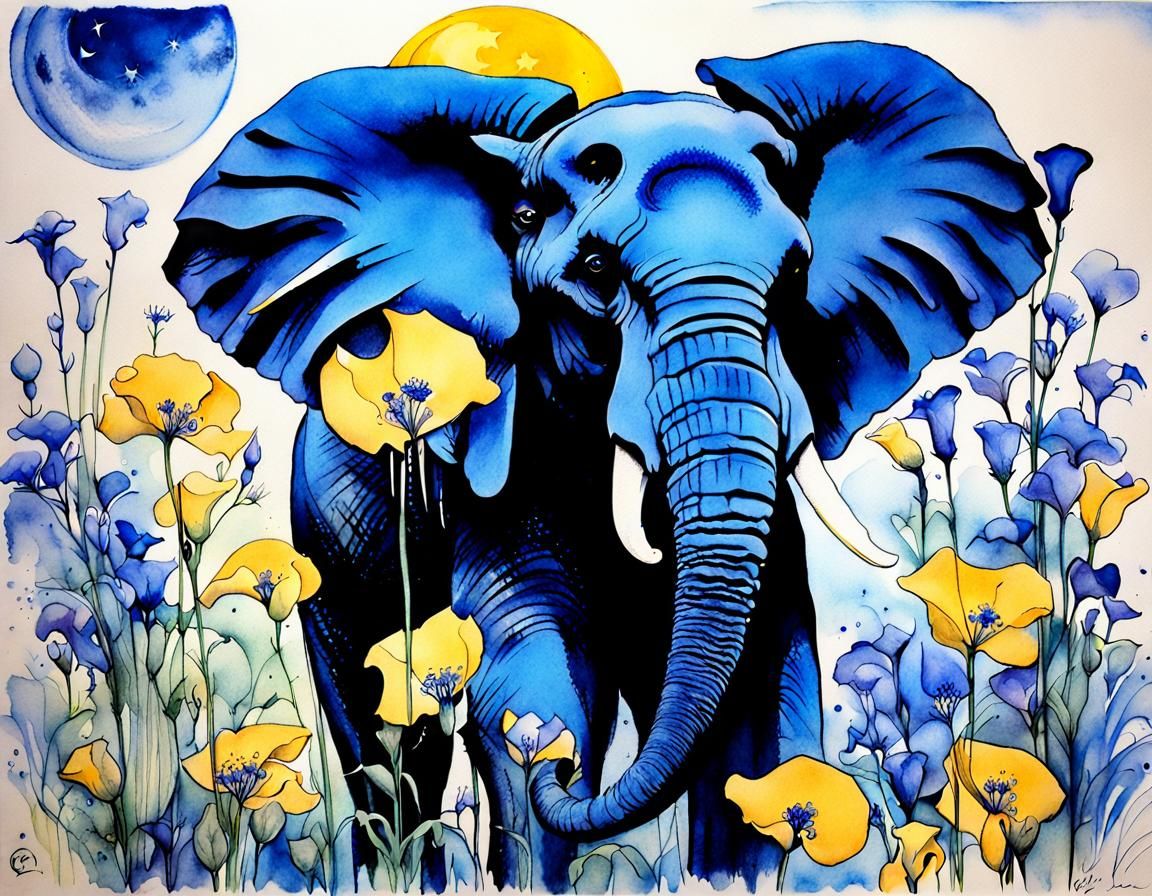 Blue Elephant Sumi-e Ink Painting with Moon