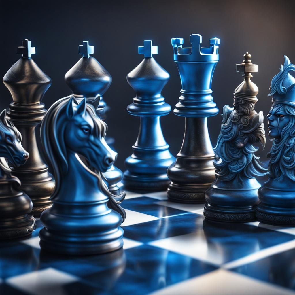 Chibi Chess Figures in Blue, Hyperrealistic Splash Art
