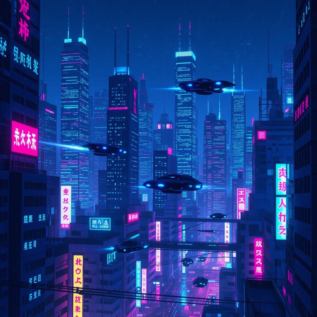 Neon Cyberpunk Cityscape at Night with Flying Cars