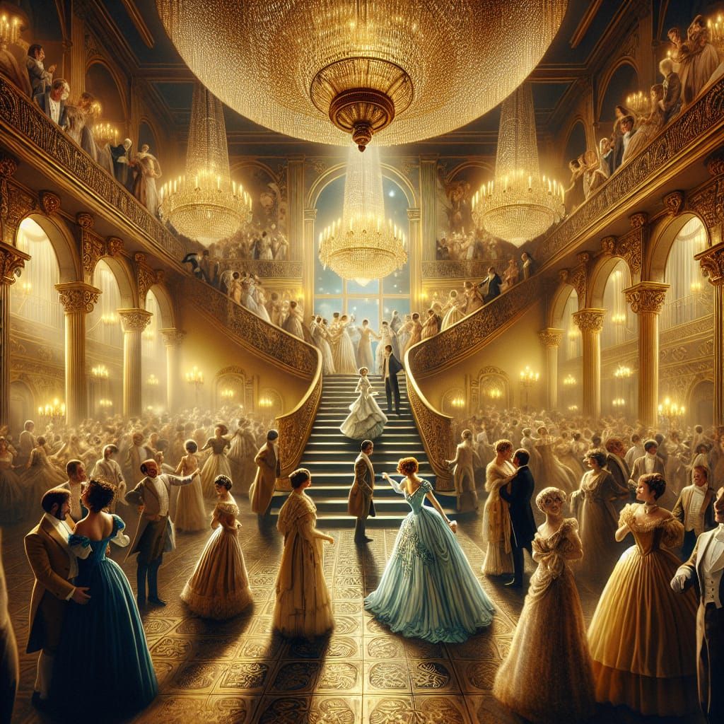 Golden Ballroom Scene with Woman in Blue Gown