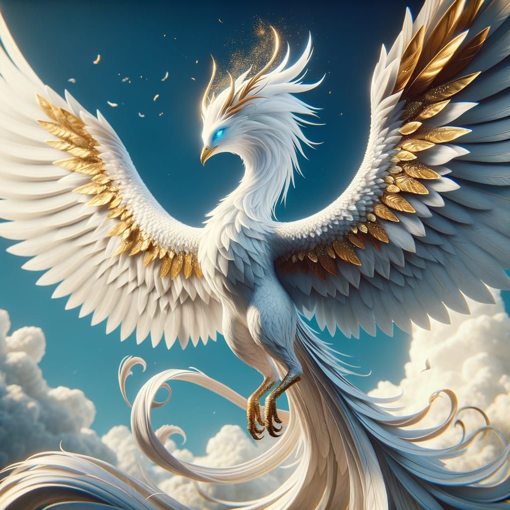 White Phoenix Ascends with Golden Feather Details