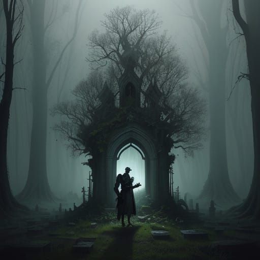 Baroque Man Contemplates Gothic Ruin in Mysterious, Twilight...