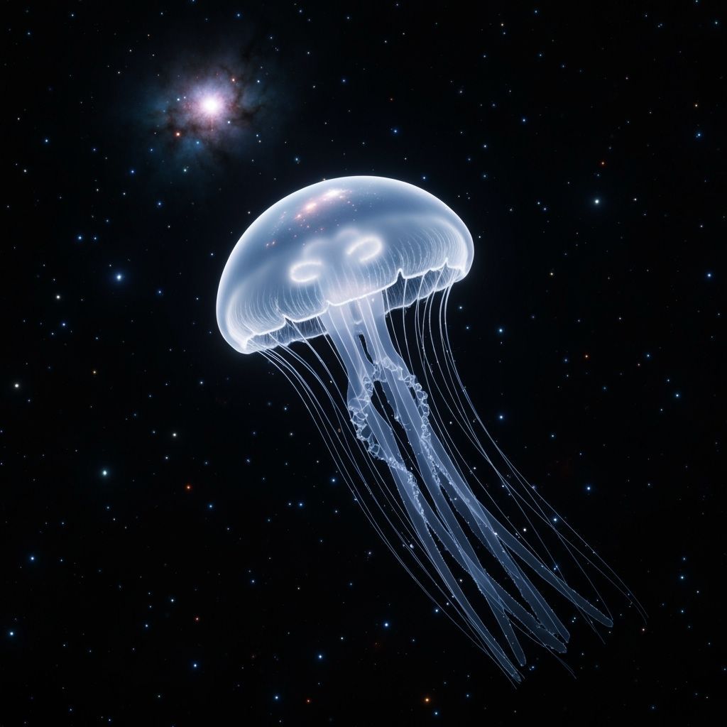 Bioluminescent Jellyfish Drifting Through Cosmic Ocean