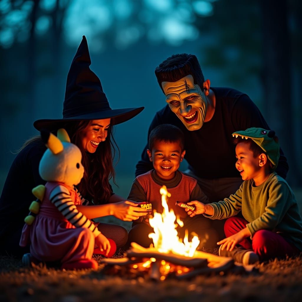 Halloween Bonfire with Witch and Frankenstein in Photorealis...