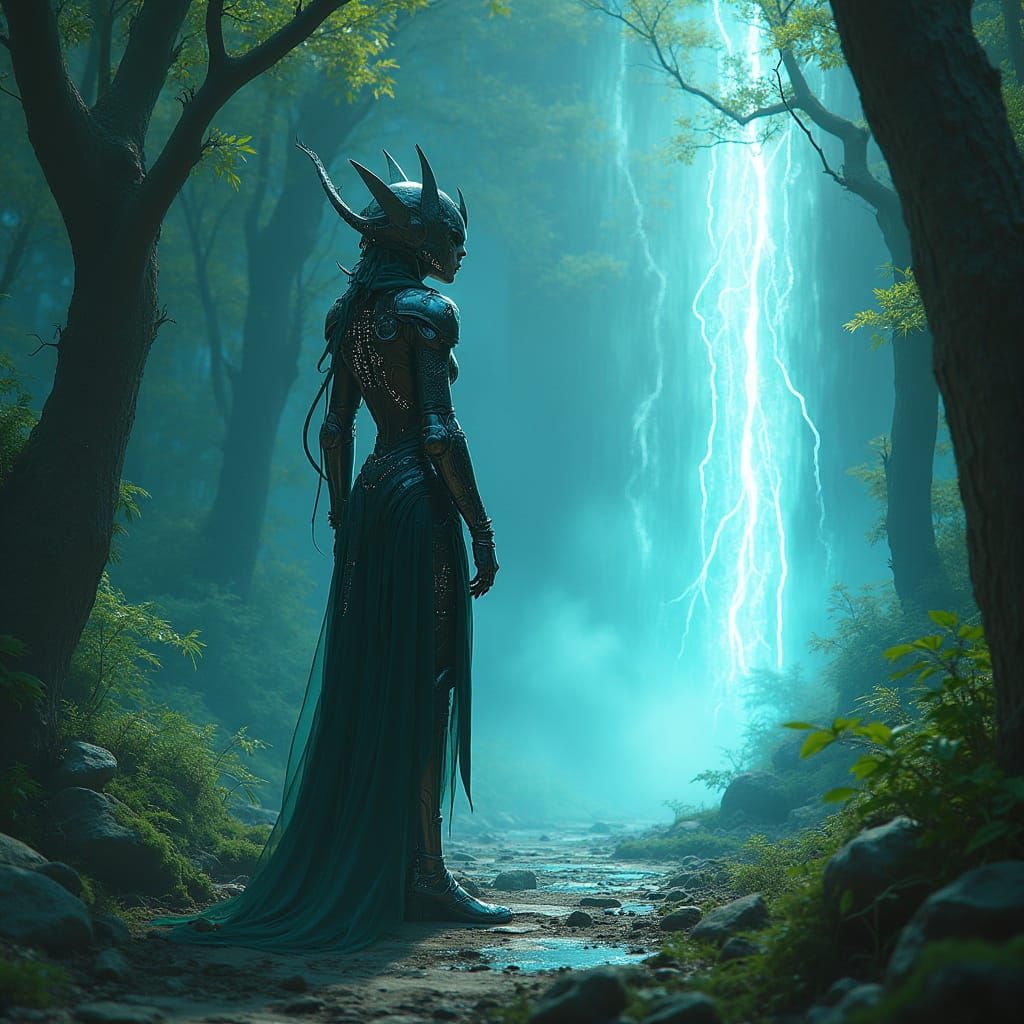 Cyberpunk Elf Guards Portal in Misty Grove