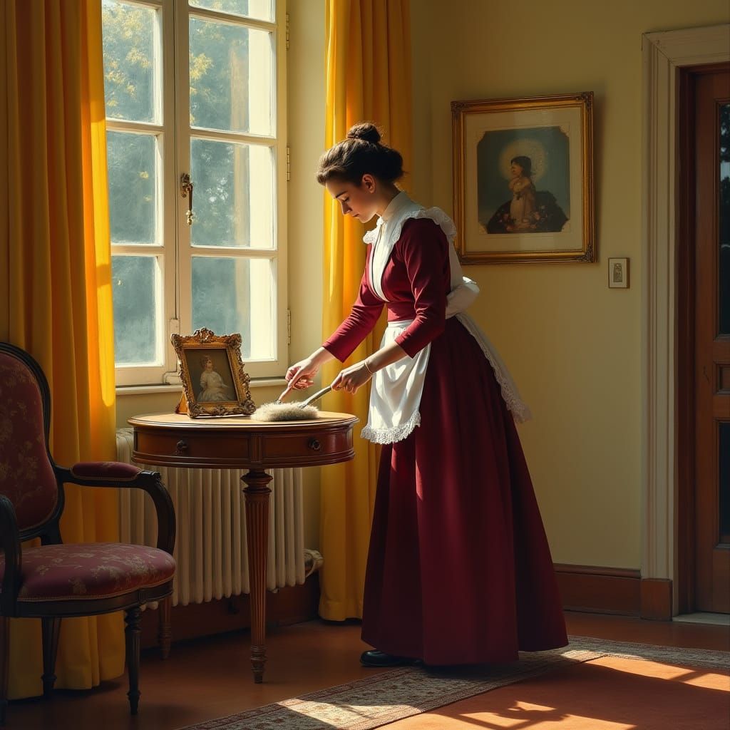 Maid Dusts Vintage Side Table in Grand Spanish Estate