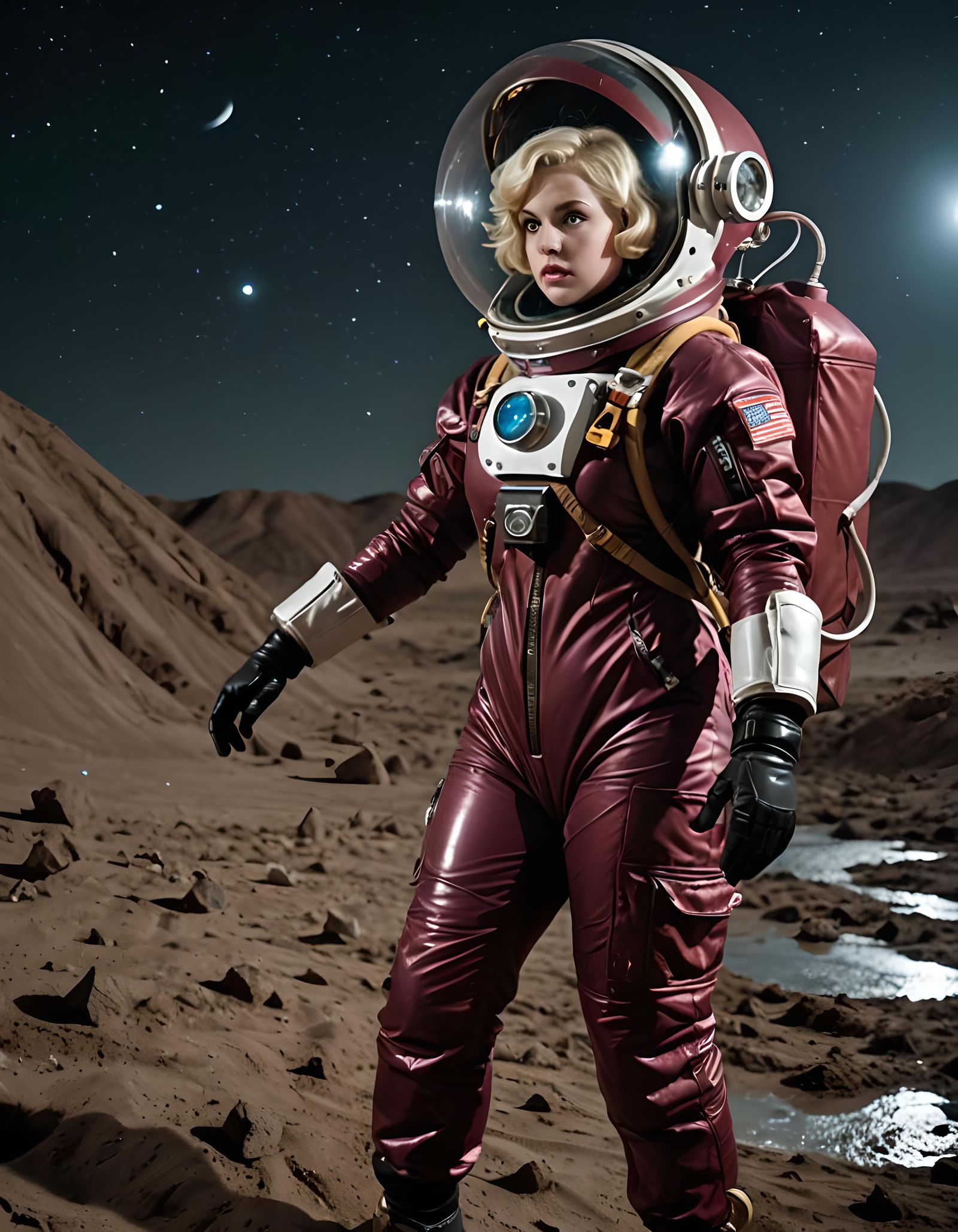 Astronaut in Burgundy Suit on Desolate World