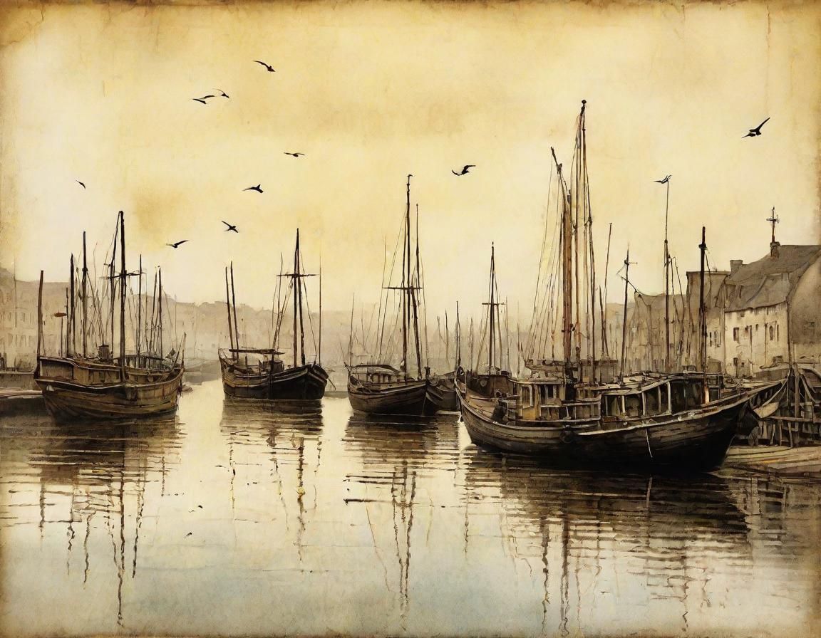 Idyllic Morning Harbor Scene in Soft Ink Painting