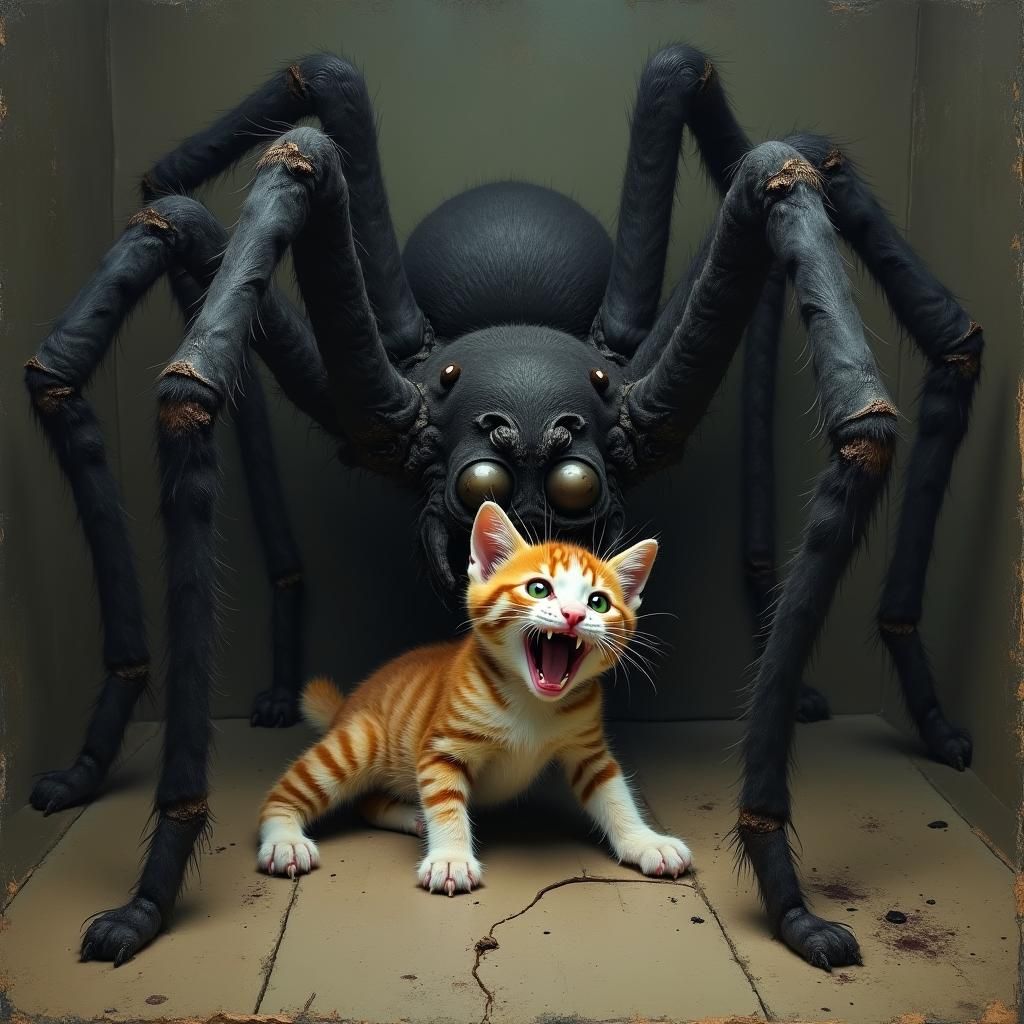 Grotesque Spider Devouring Kitten in Surrealist Style
