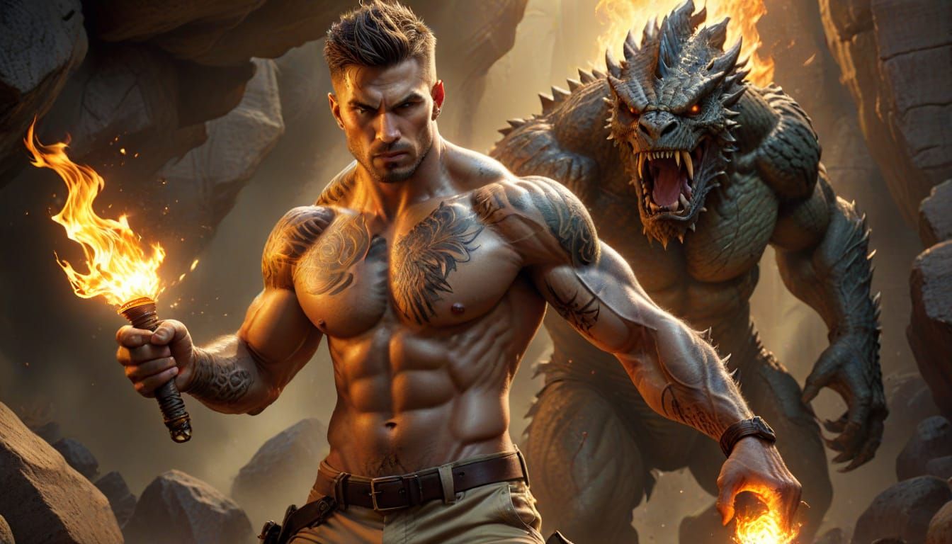 Fiery Torch Against Rock Monster in Digital Art