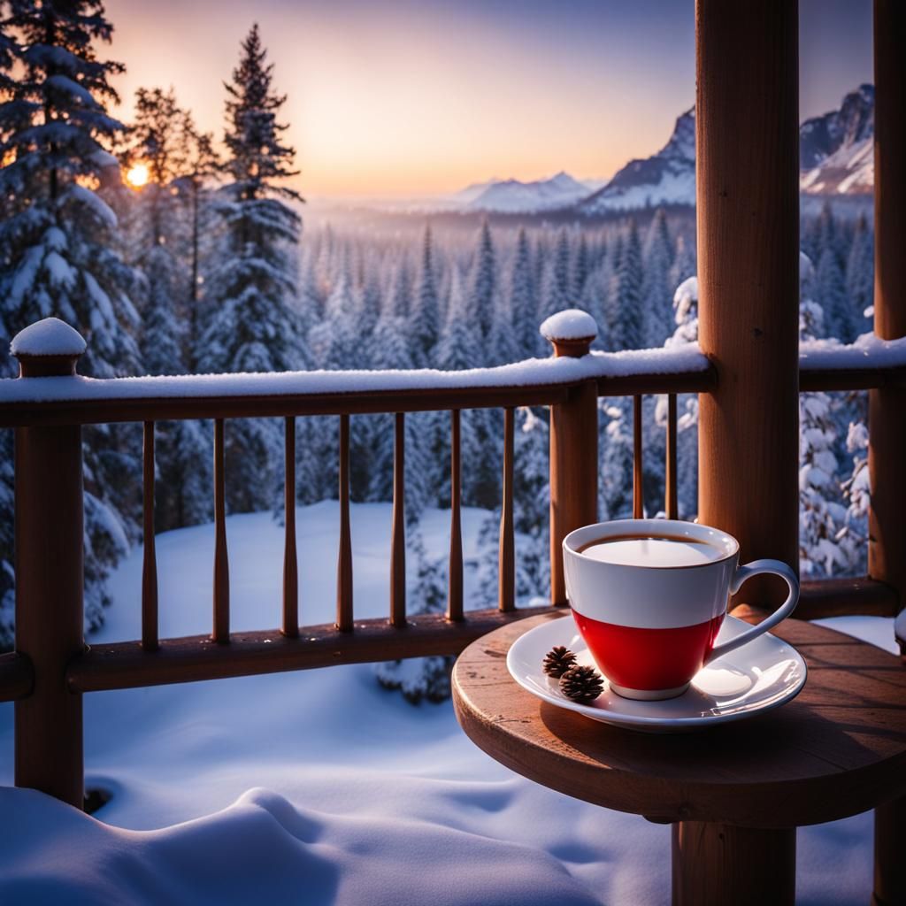 Hot Tea on Balcony Overlooking Winter Wonderland