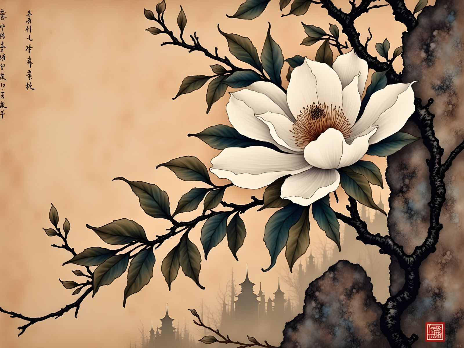 Magnolia Branch and Stone in Ukiyo-e Style