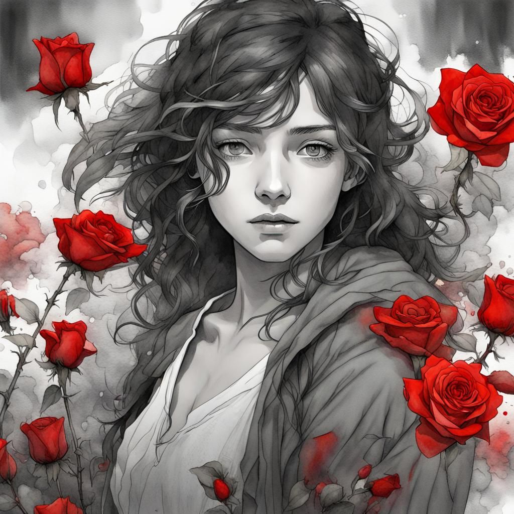 Girl with Red Roses in Moebius Style