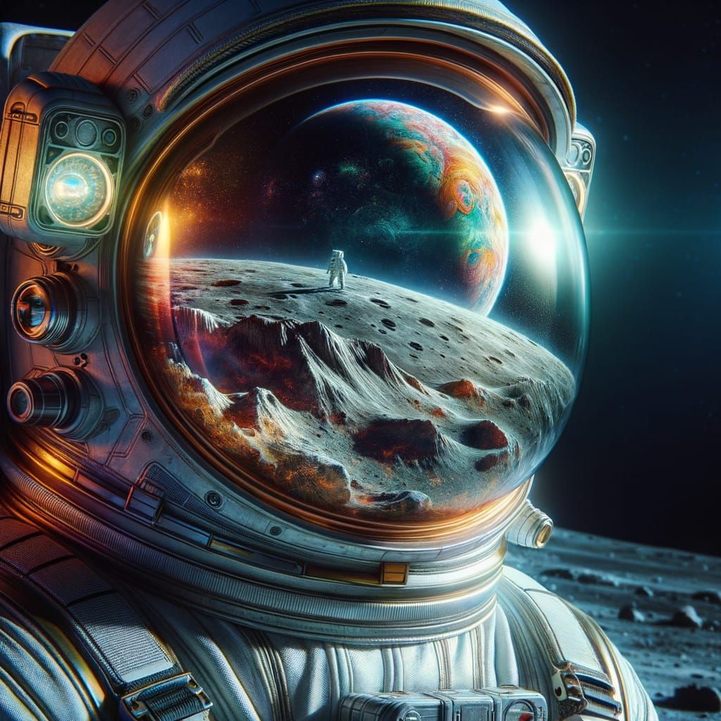 Astronaut's Helmet Reflects Alien World on Moon Surface