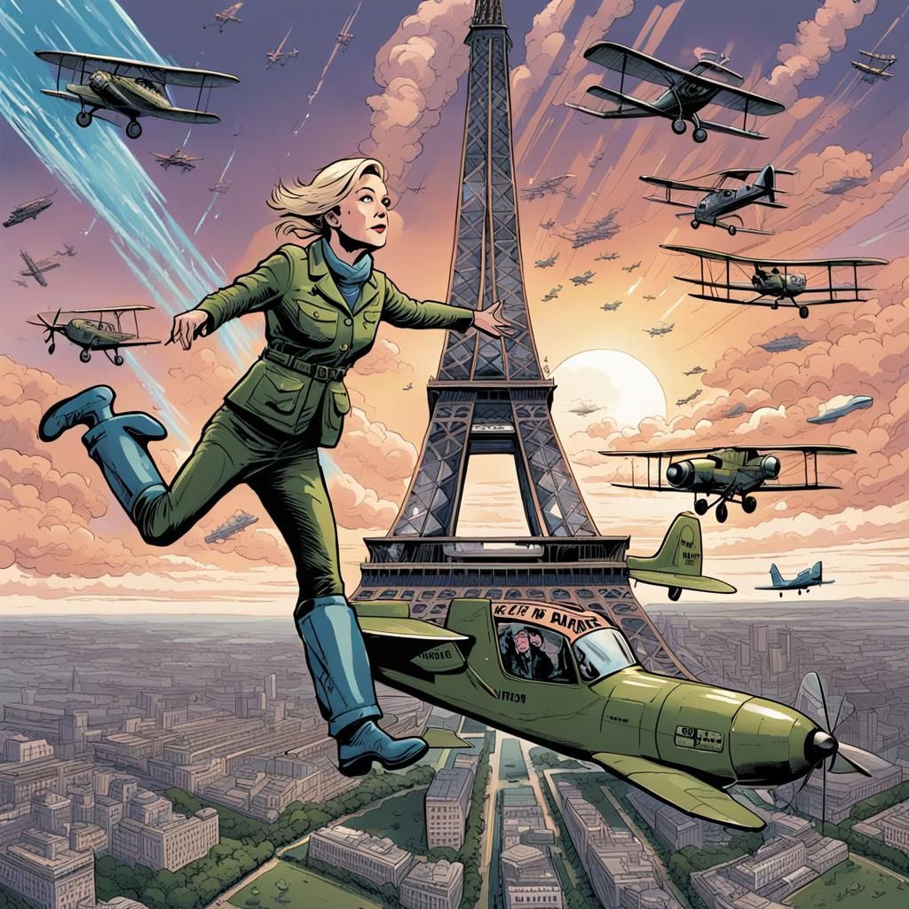 Le Pen Climbs Eiffel Tower: Comic Book Art