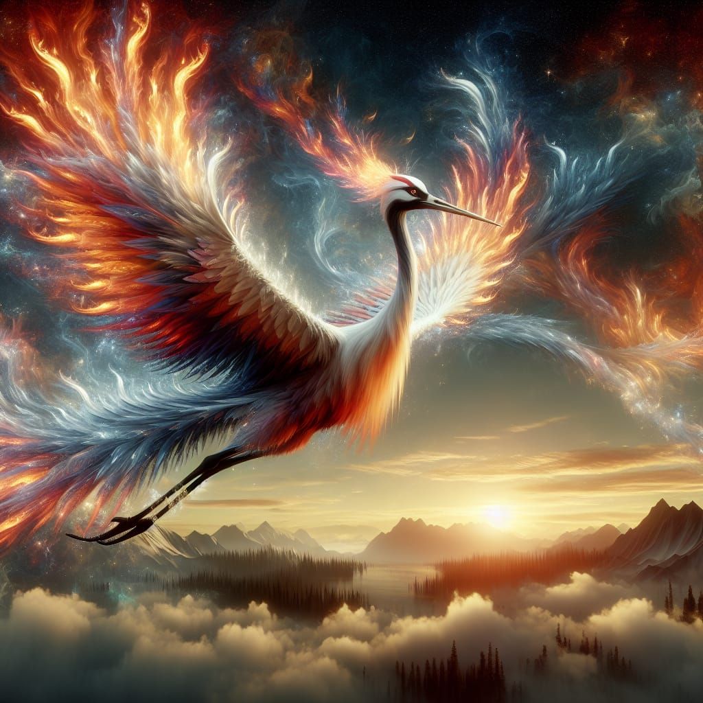 Majestic Crane Soaring in a Maximalist Digital Painting