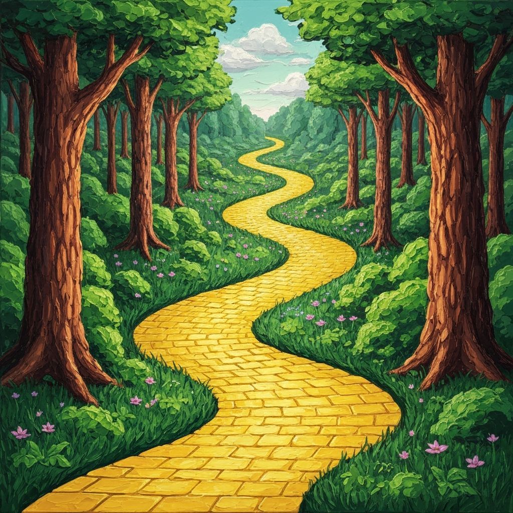 Yellow Brick Road Through Lush Forest in Storybook Style