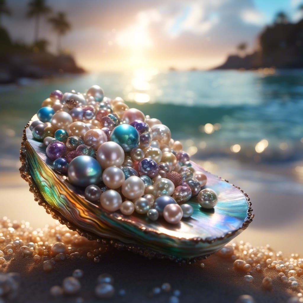 Pearls in Abalone Shell on Beach, Photorealistic