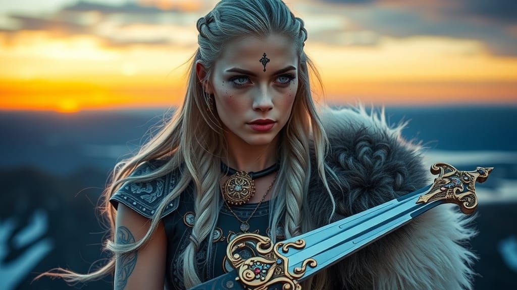 Viking Warrior Gazing at Horizon with Norse Symbols