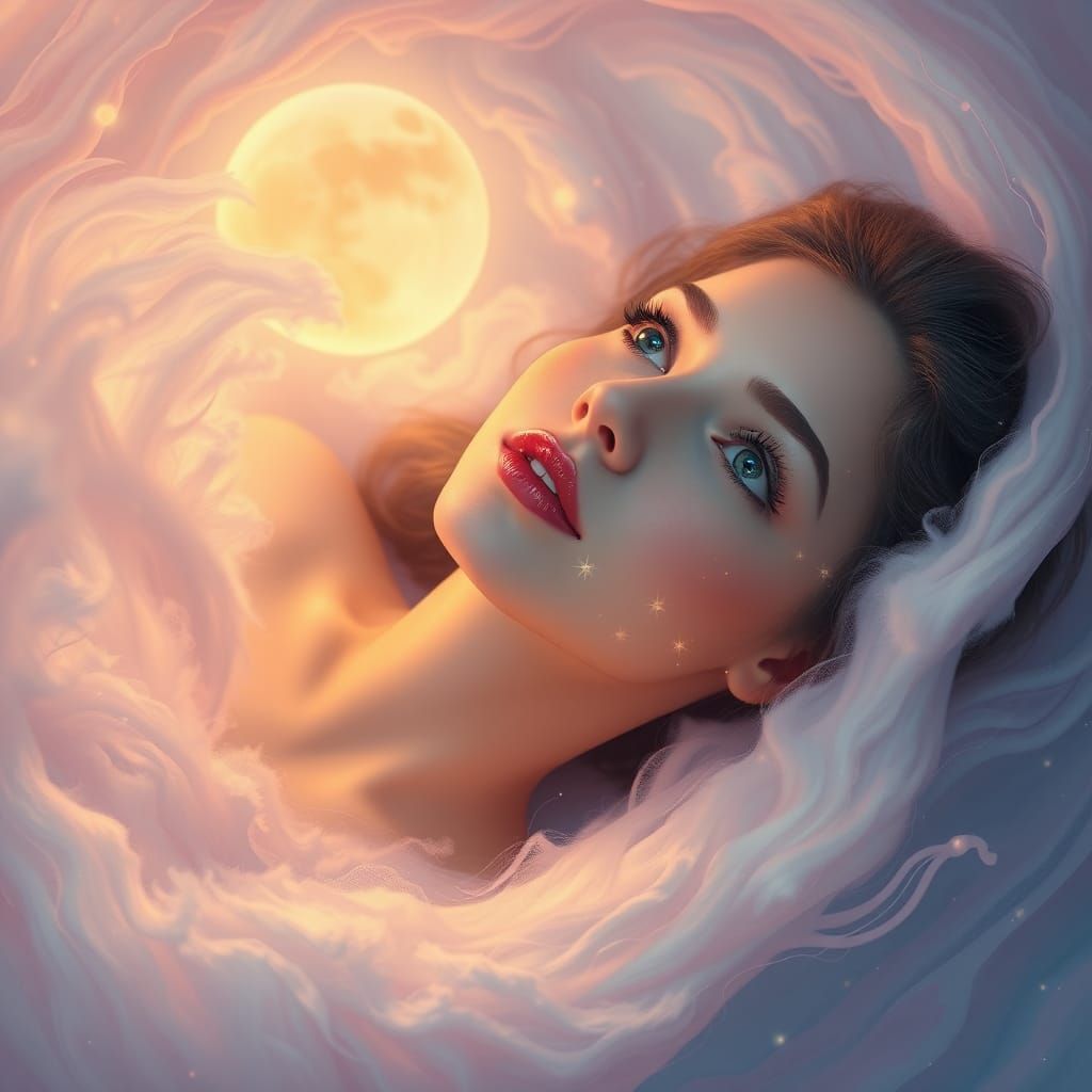 Ethereal Woman Floating on Dreamy Cloudscape