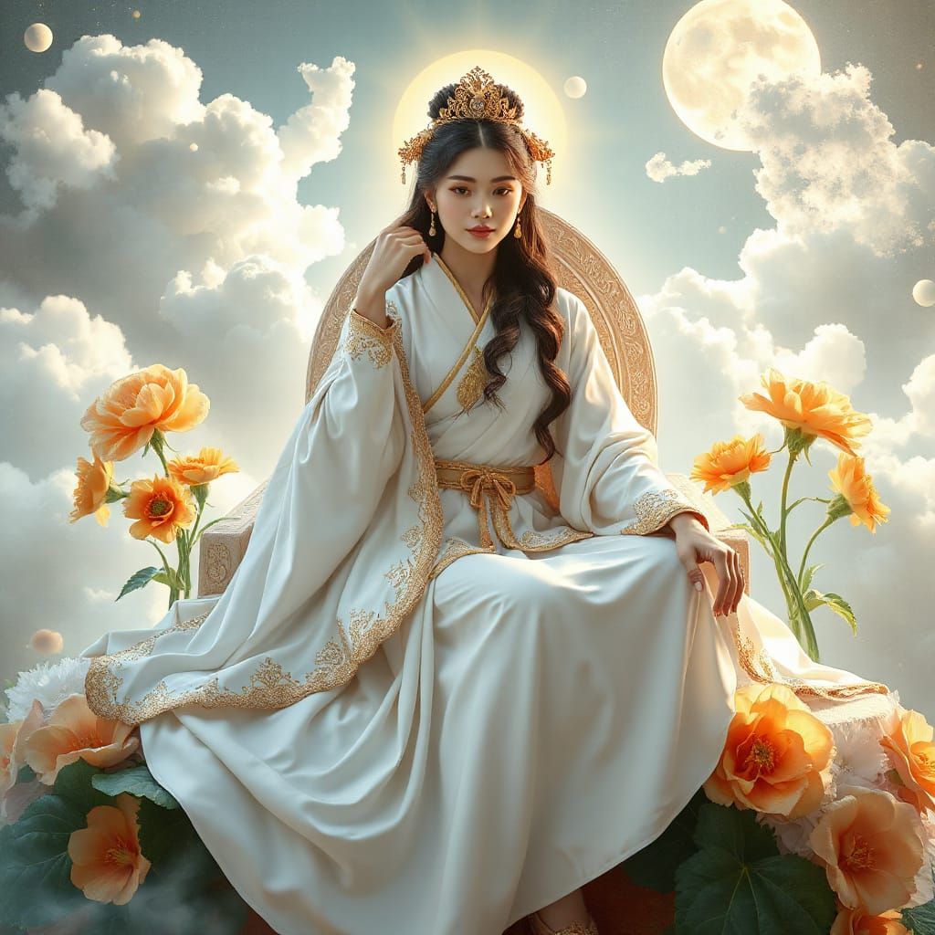 Goddess of Light on Throne Amidst Flowers and Clouds