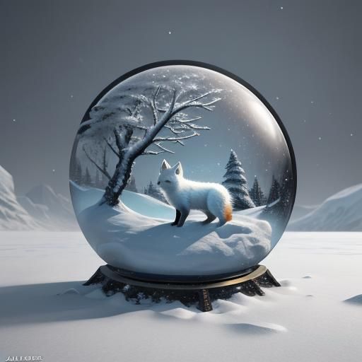 Arctic Fox Cub in Snow Globe: Detailed Matte Painting