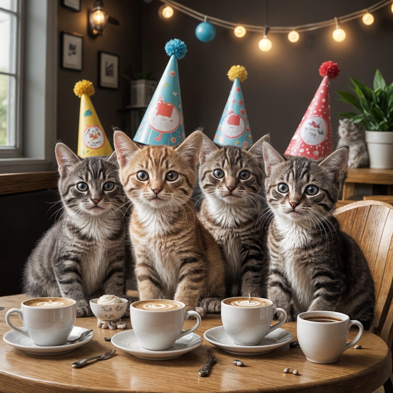 Kittens Celebrate Coffee Catnip Day in Party Hats
