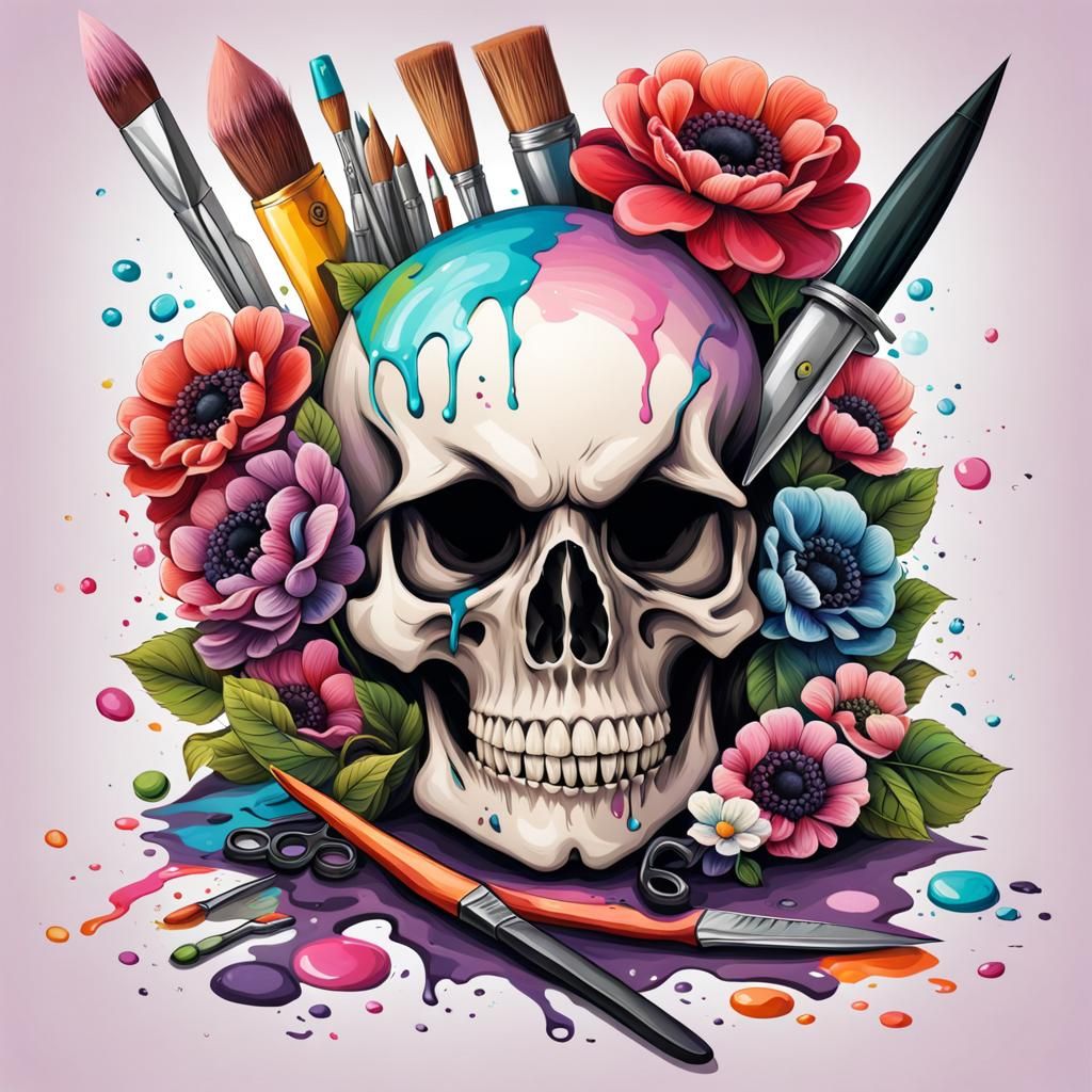 Gothic Skull with Art Supplies and Anemones
