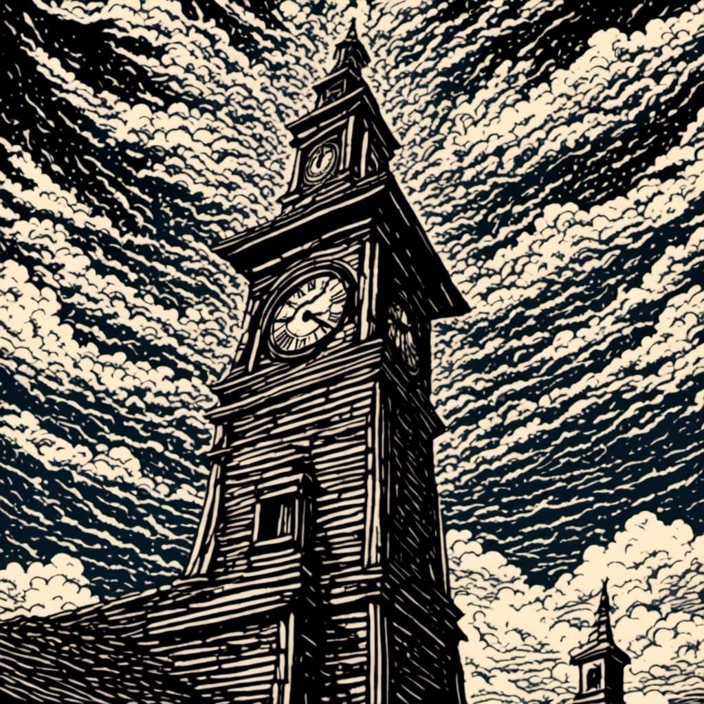 <lora:Camp Billings:1.0> <lora:Intense Lightning:1.0> Eagles soaring over the clocktower. woodcut, linocut