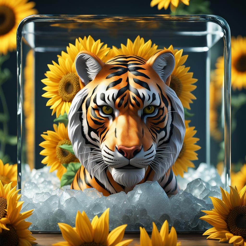 Tiger in Ice Cube with Sunflowers, Surreal Art