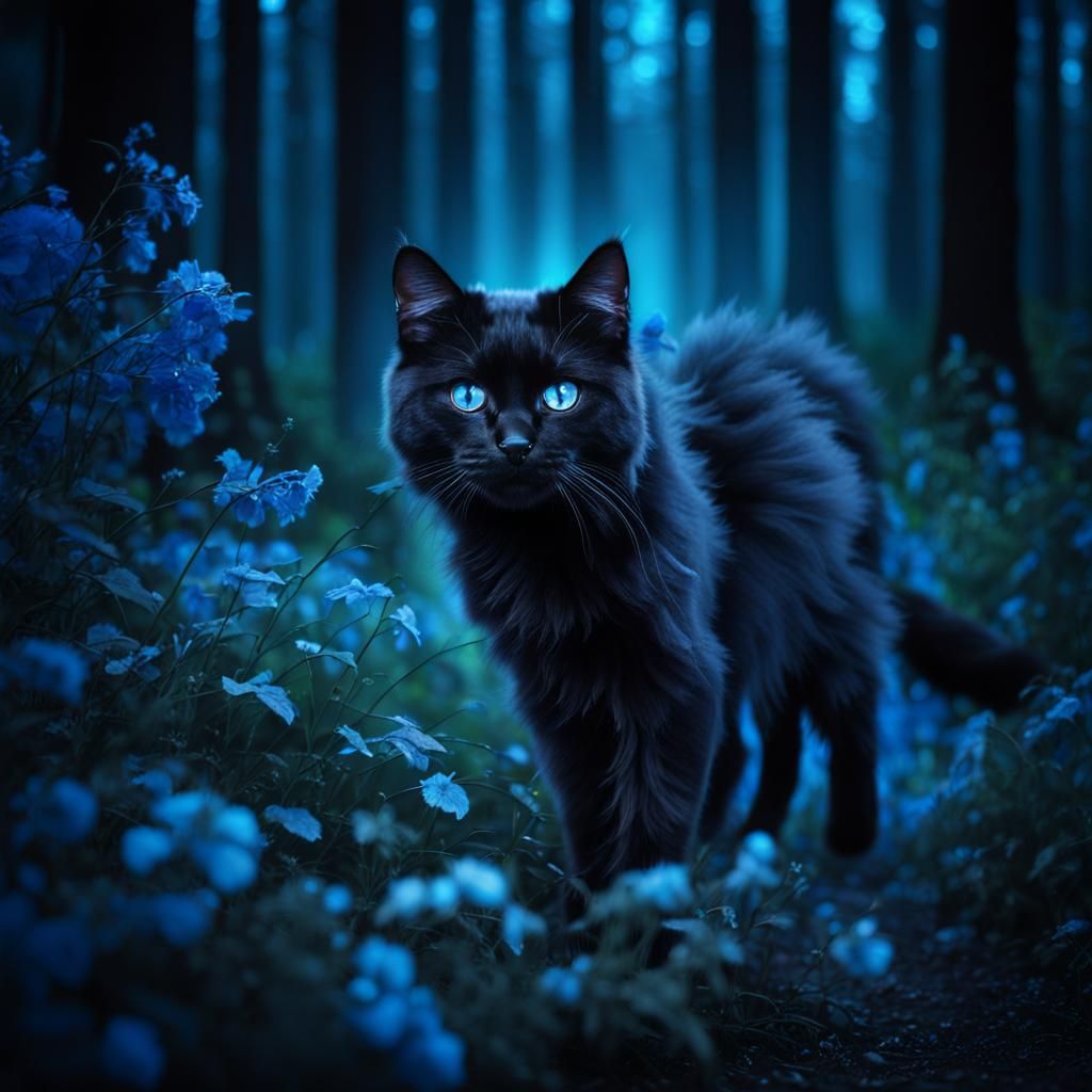 Fluffy Black Cat Stalks Midnight Forest