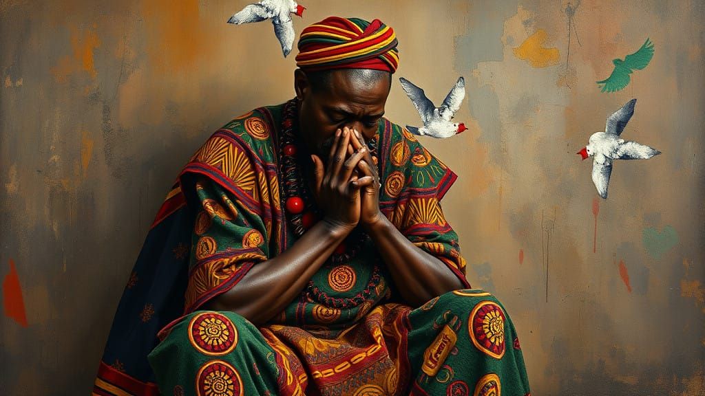 A Melancholic Zulu Man in Traditional Attire, Overwhelmed by...