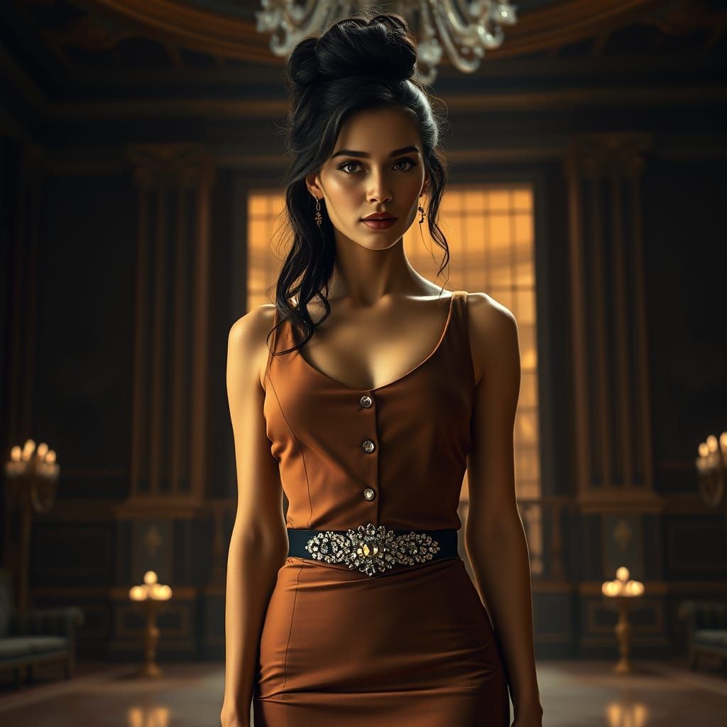 Woman in Ballroom with Crystal Matrix Belt, Hyperrealistic