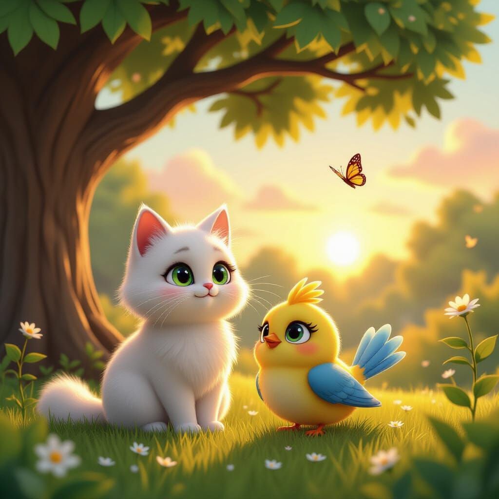 Cat and Bird in Garden, Pixar-Style 3D Render