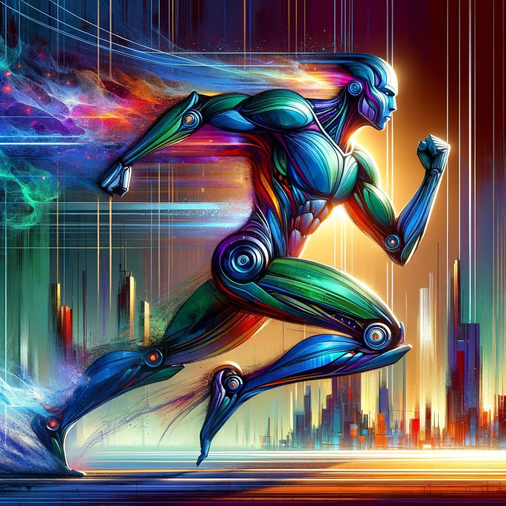 Heroic Android Sprinting Past Light in Cityscape Watercolor
