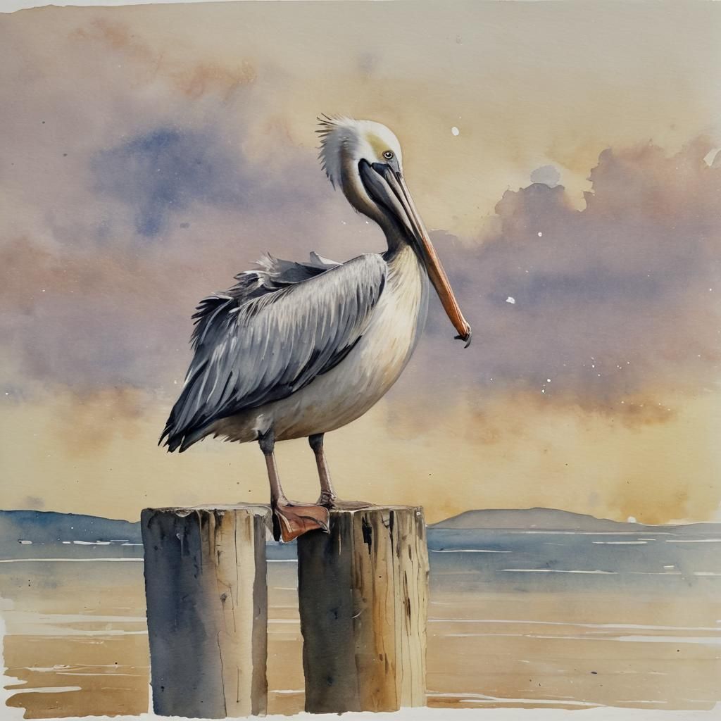 Pelican on Jetty Post in Watercolour Sketch
