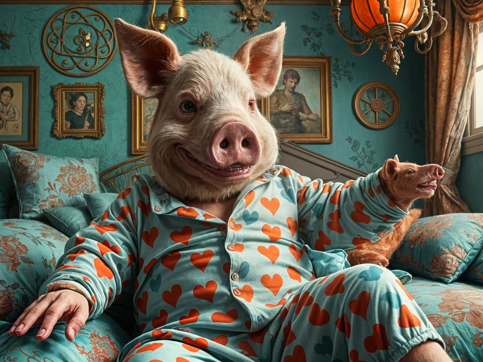 Pig-Headed Man's Pillow Fight: Surreal Concept Art