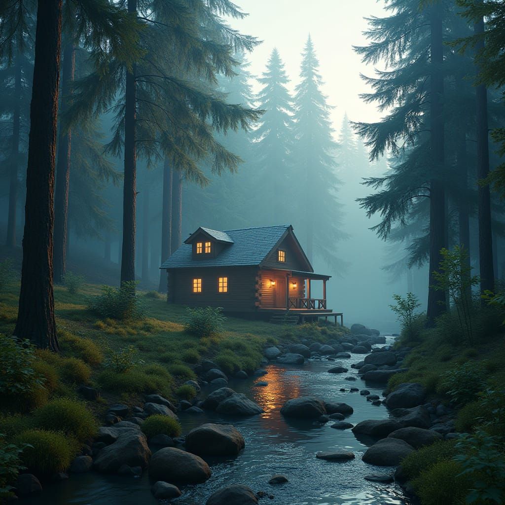 Tranquil Cabin in Morning Mist, Fantasy Concept Art