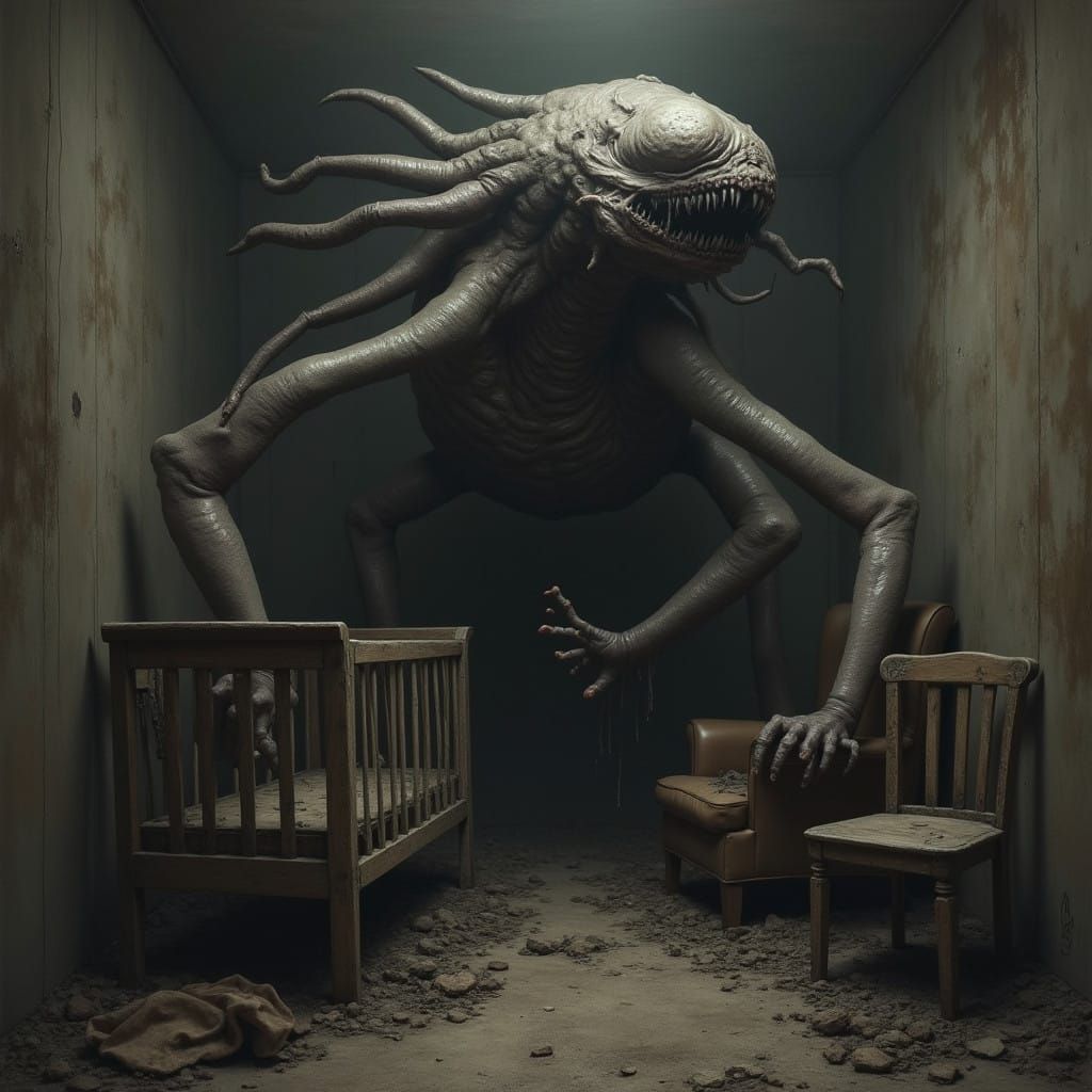 Grotesque Nursery Creature in Haunting Hyper-Realistic Style