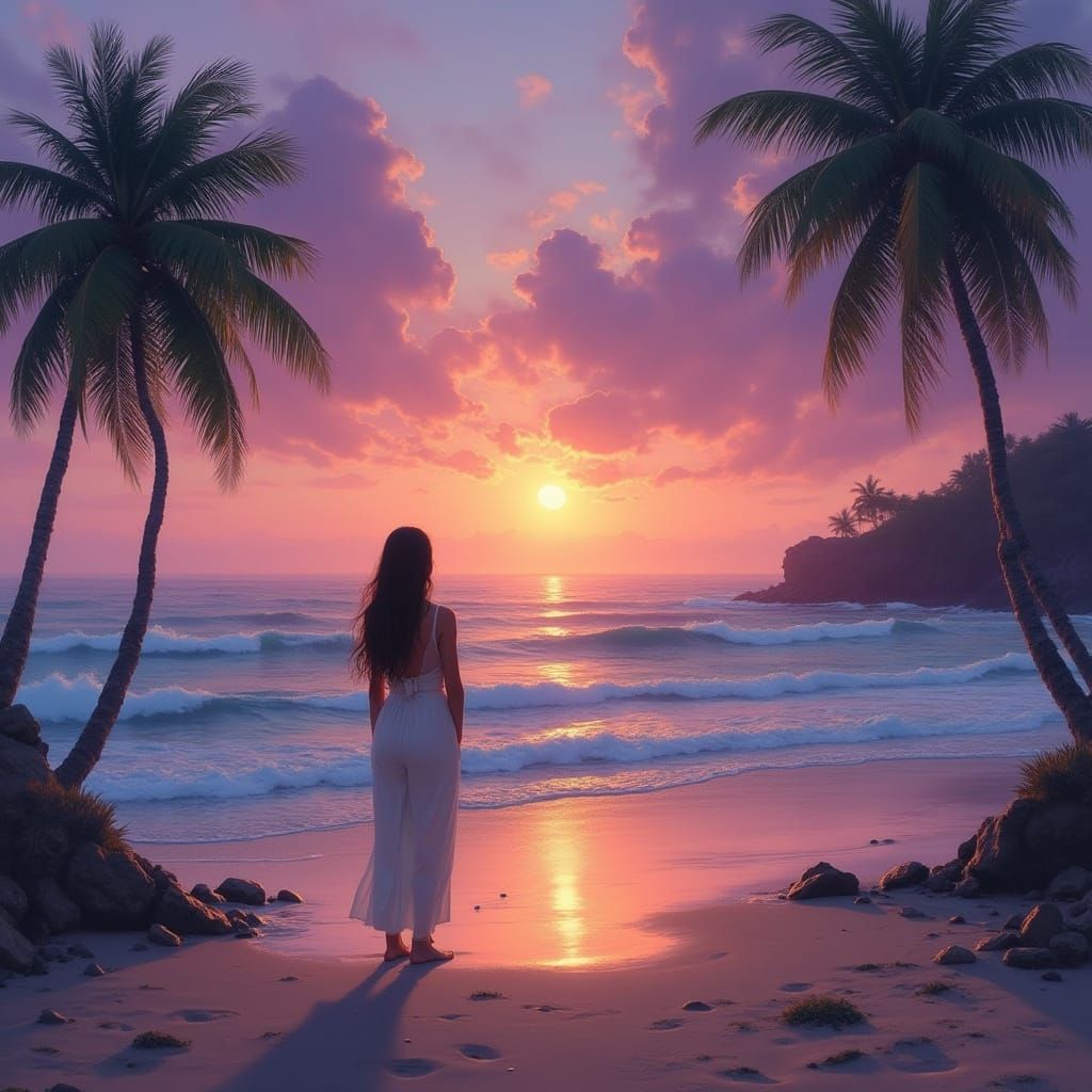 Woman Watching Purple Sunset in Classical Style